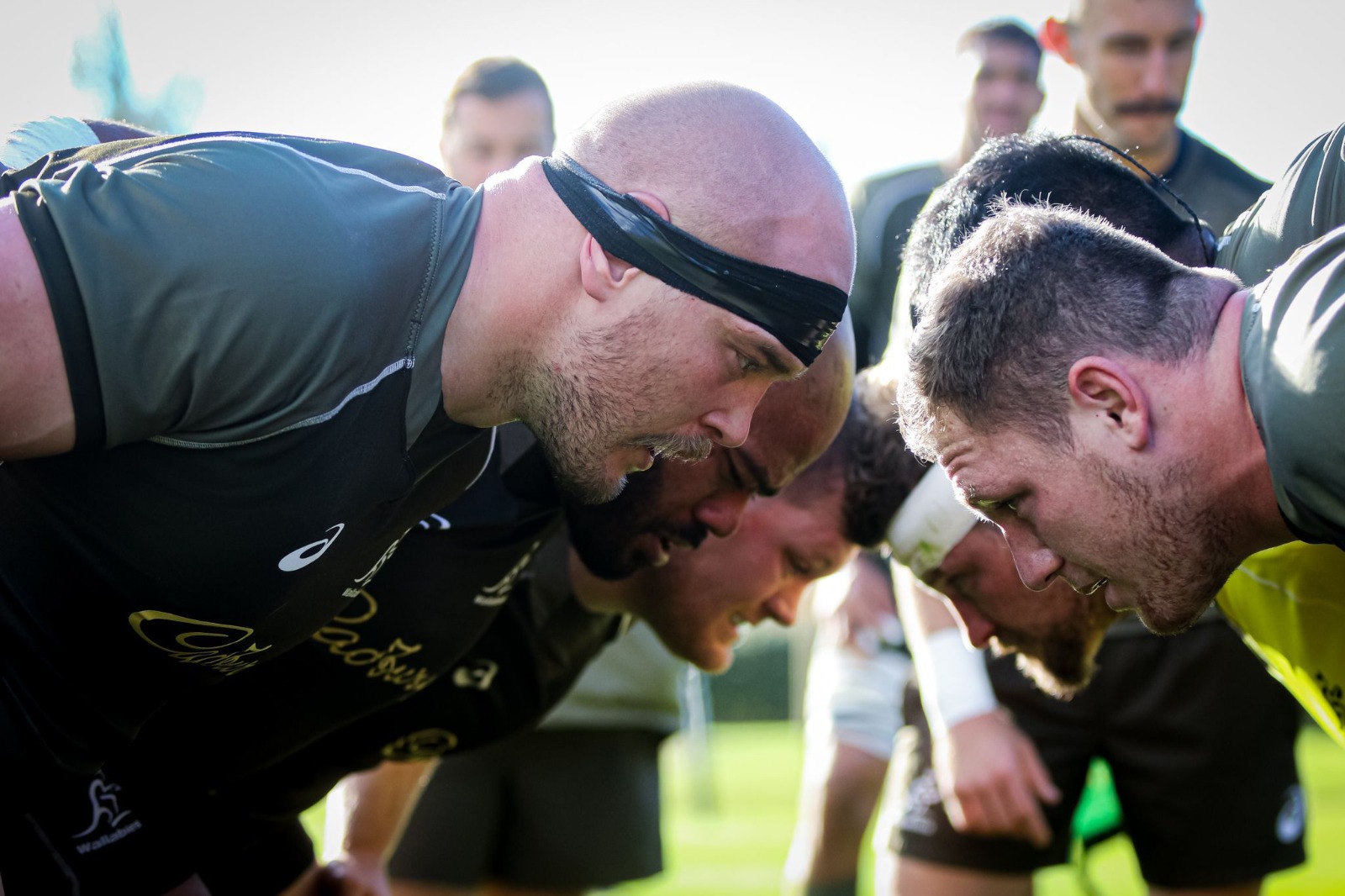 Ollie Hoskins practising in a scrum with his teammates